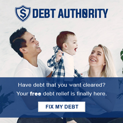 A smiling family with the Debt Authority logo